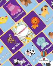 تحميل الصورة في عارض المعرض، Children's educational cards with animal illustrations and German text on a blue and purple grid background.