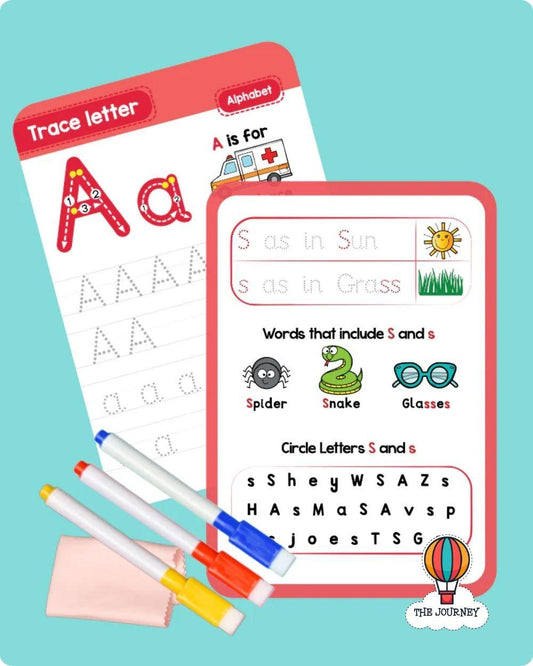 Laminated English alphabet cards for tracing practice - Safe rounded corners - The Journey