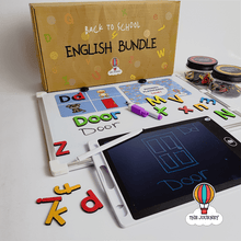 Load image into Gallery viewer, An assortment of educational toys and tools for learning English letters and vocabulary, including phonics cards, wooden letters, an LCD writing tablet, a whiteboard, and a whiteboard marker, all displayed in front of a box labeled 'Back to School English Bundle'.