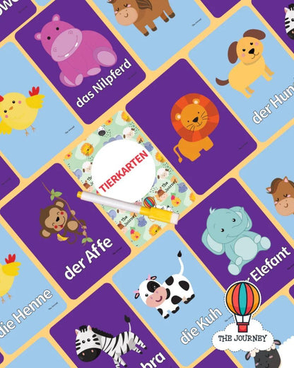 Children's educational cards with animal illustrations and German text on a blue and purple grid background.