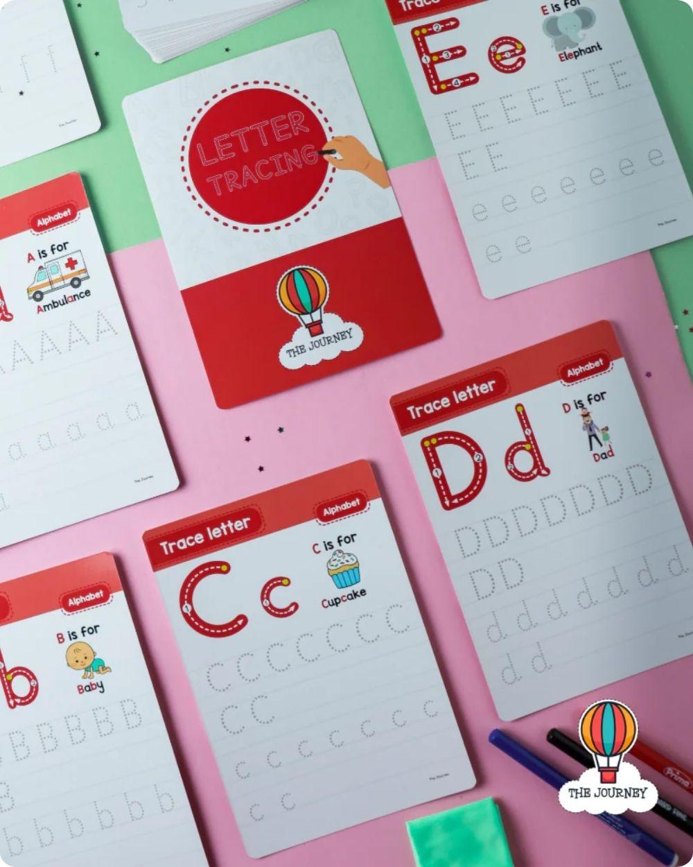 Laminated English alphabet cards for tracing practice - Safe rounded corners - The Journey