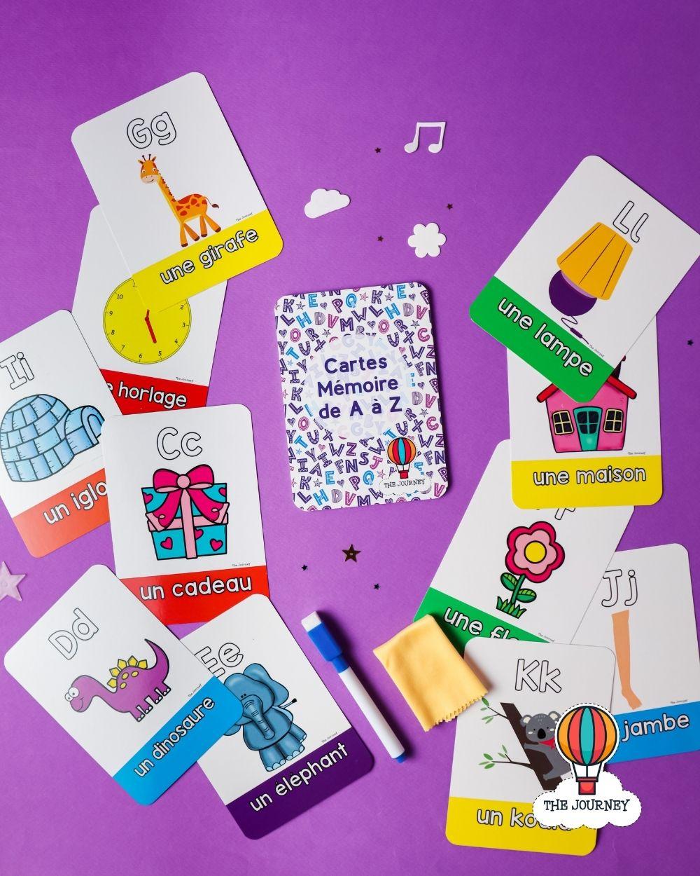 Educational flashcards with letters and pictures covering French Alphabet. Easy wipe-off