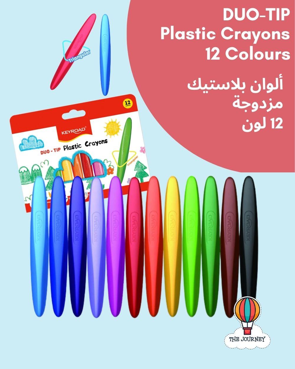 Set of 12 Keyroad duo-tip plastic crayons in various colors with packaging on a light blue background.