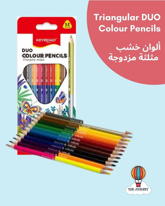 Pack of triangular duo color pencils with packaging on a light blue background
