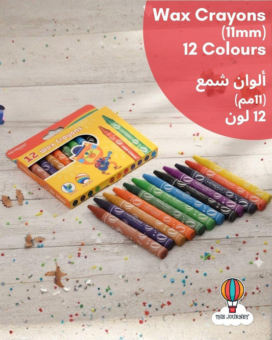 Pack of 12 Keyroad Wax Crayons in a yellow box featuring a cartoon cat, designed for toddlers aged 3 plus.