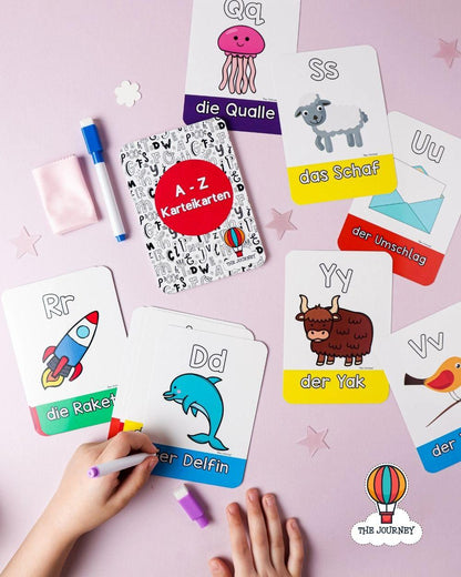 Educational German Alphabet flashcards with letters and images and a whiteboard marker. Easy wipe-off