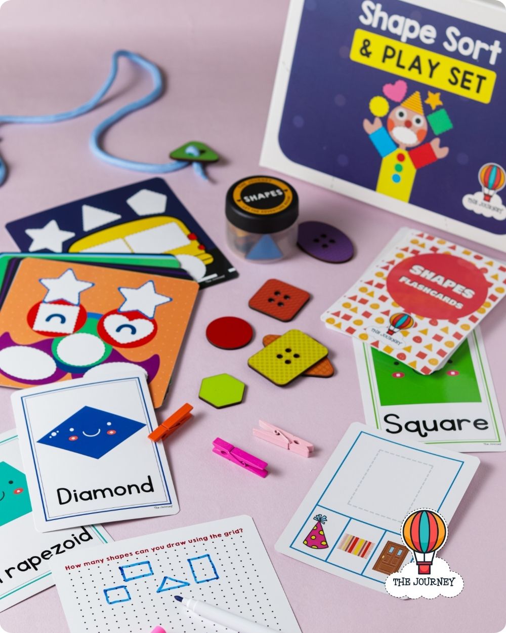 Shape Sort & Play Set with Flashcards – Learn Shapes in 4 Languages