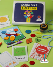 Load image into Gallery viewer, Shape Sort &amp; Play Set with Flashcards – Learn Shapes in 4 Languages

