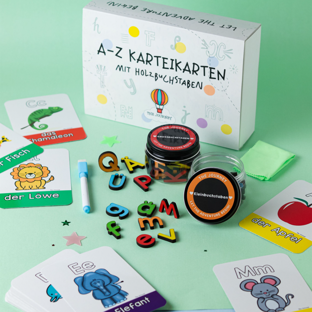 A-Z Karteikarten mit Holzbuchstaben - German Alphabet Flashcards with Wooden Letters