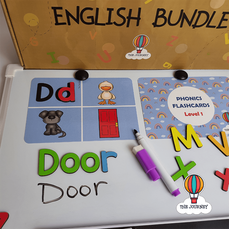 An assortment of educational toys and tools for learning English letters and vocabulary, including phonics cards, wooden letters, an LCD writing tablet, a whiteboard, and a whiteboard marker, all displayed in front of a box labeled 'Back to School English Bundle'.