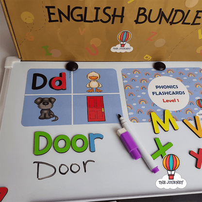 An assortment of educational toys and tools for learning English letters and vocabulary, including phonics cards, wooden letters, an LCD writing tablet, a whiteboard, and a whiteboard marker, all displayed in front of a box labeled 'Back to School English Bundle'.