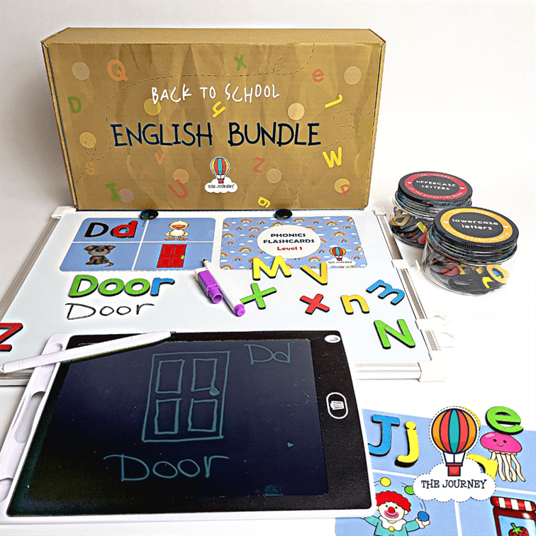 An assortment of educational toys and tools for learning English letters and vocabulary, including phonics cards, wooden letters, an LCD writing tablet, a whiteboard, and a whiteboard marker, all displayed in front of a box labeled 'Back to School English Bundle'.
