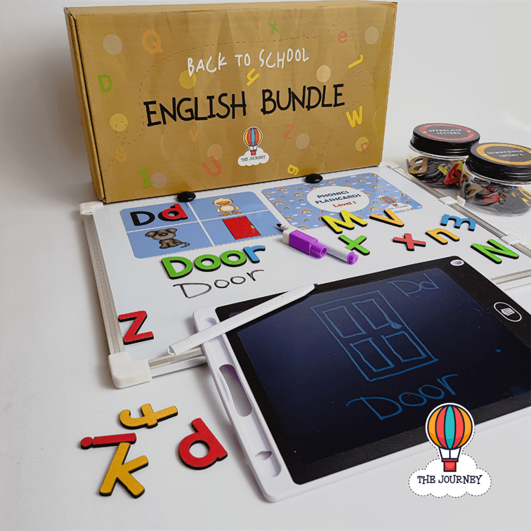 An assortment of educational toys and tools for learning English letters and vocabulary, including phonics cards, wooden letters, an LCD writing tablet, a whiteboard, and a whiteboard marker, all displayed in front of a box labeled 'Back to School English Bundle'.